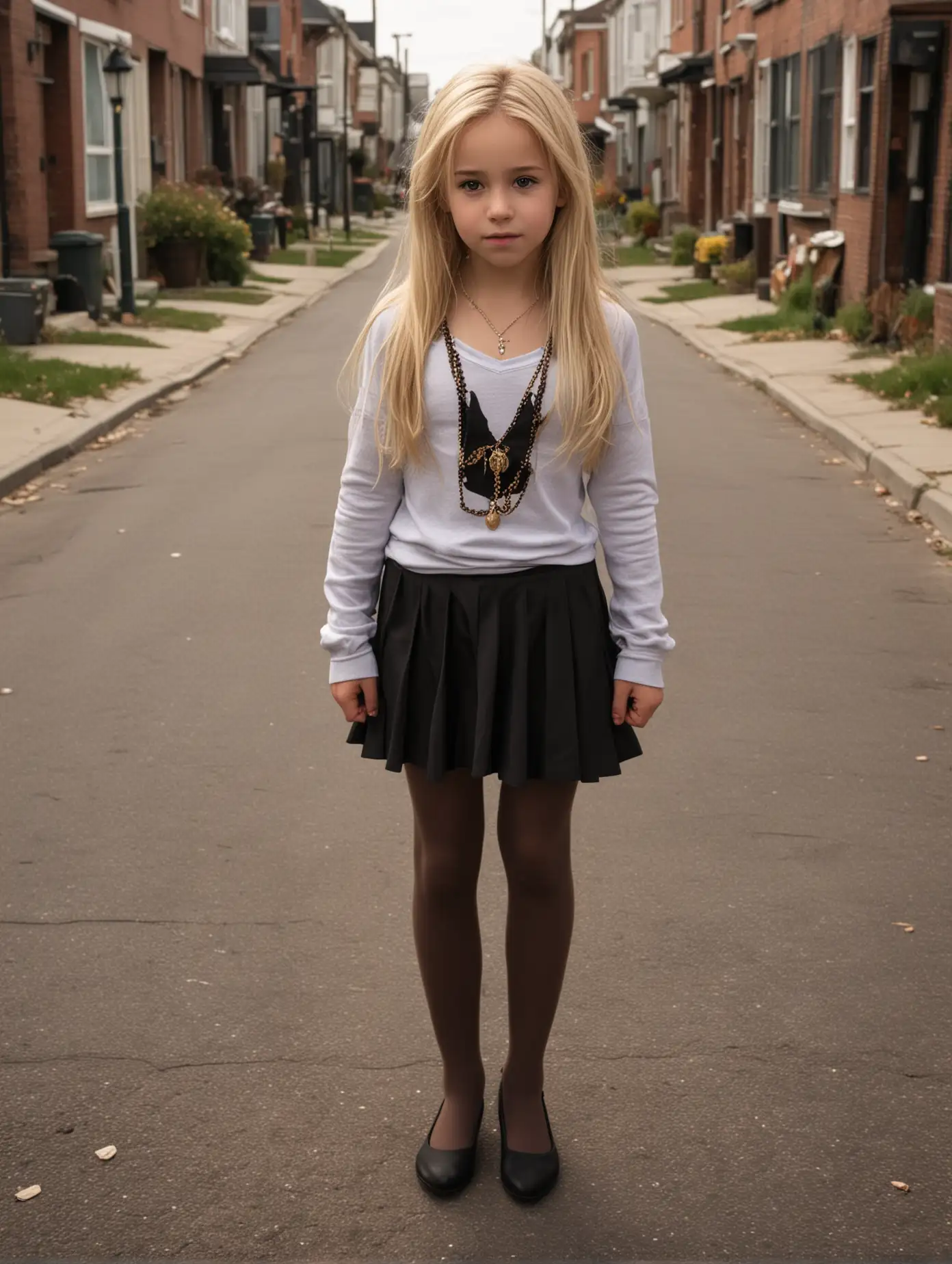 1girl in, age 9 wearing costume with 22yo mom, Solo, Long hair, Colossal , Looking at Viewer, blondehair, Bare shoulders, Brown eyes, jewely, Full body, squatting in a street, on heels a necklace, off shoulders, Sweaters, Realistic, dark tights