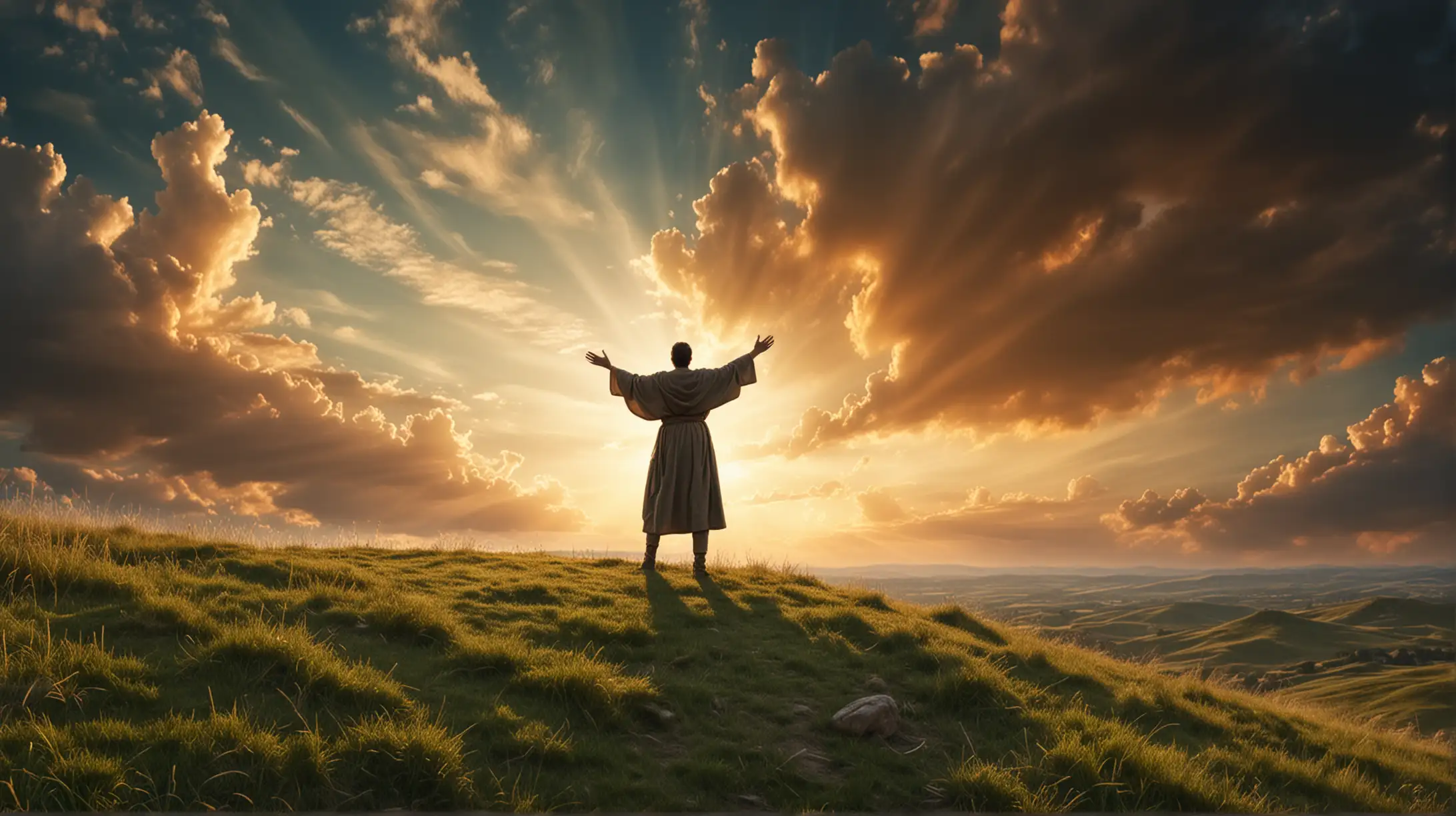 Man Praising God on Grassy Hill with Magnificent Sky