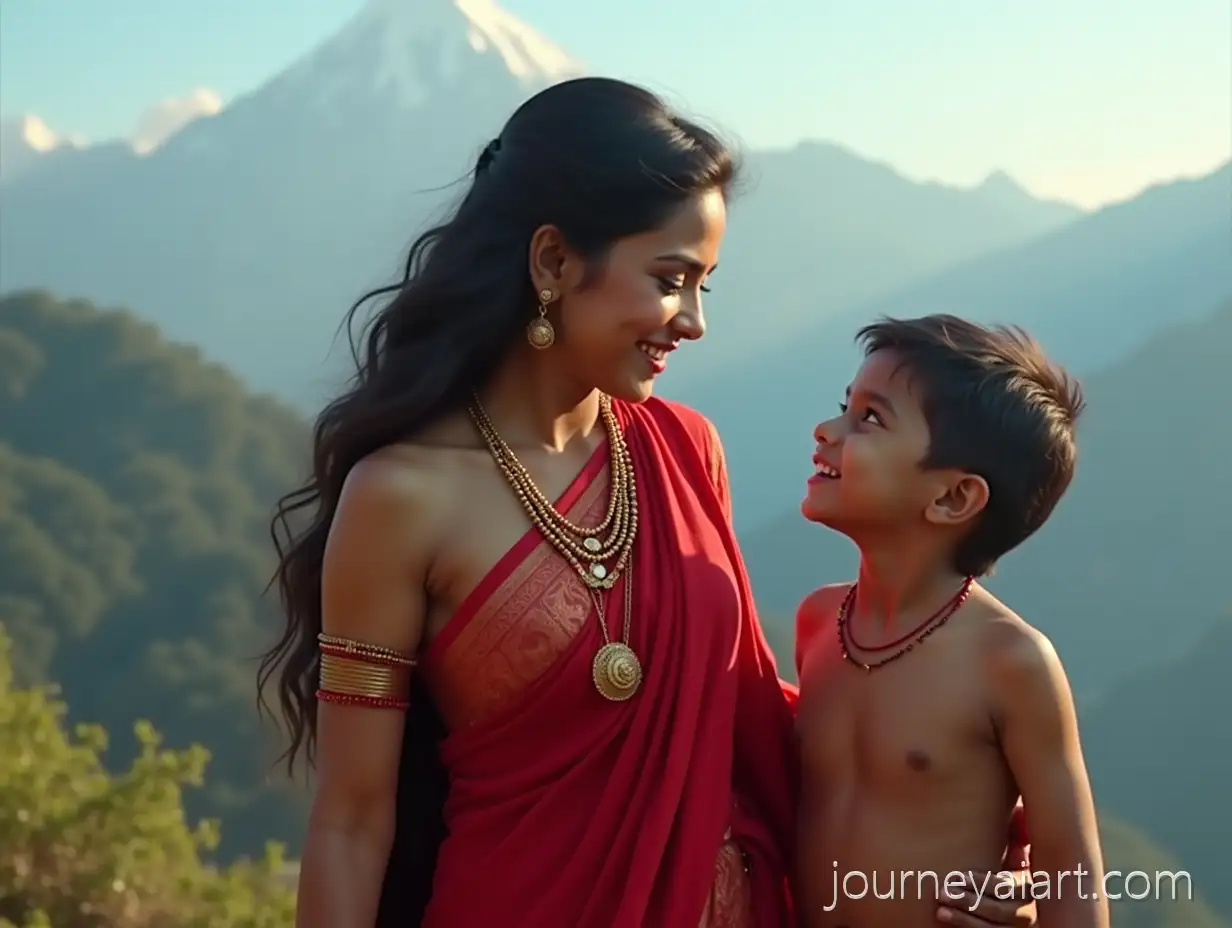 GoddGoddess-Parvathi-and-toddleress-Parvathi-in-Red-Saree-with-Toddler-Boy-in-the-Himalayas