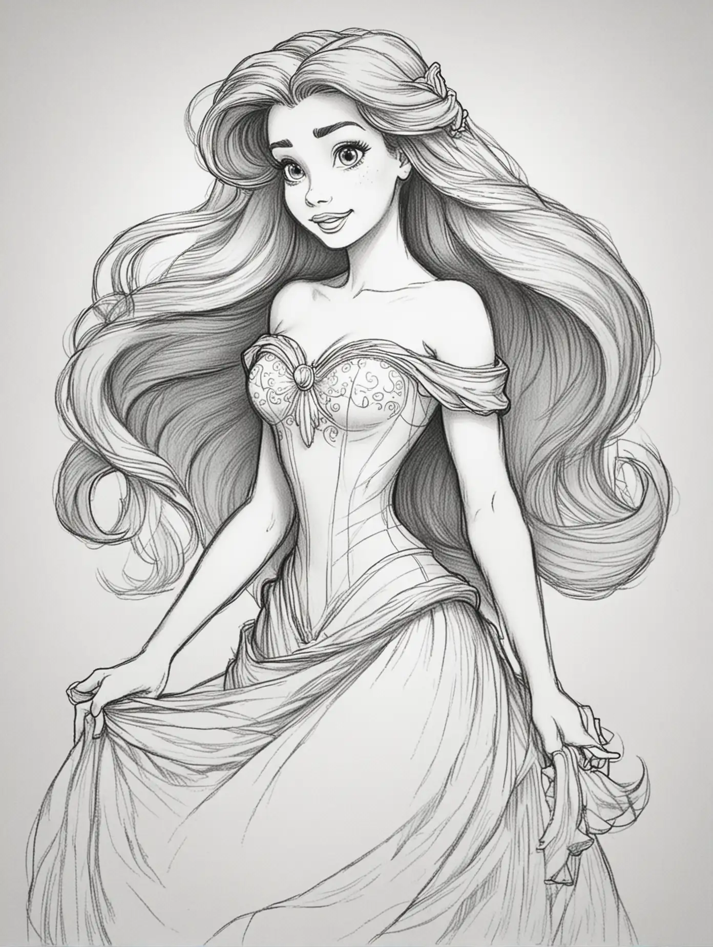 Disney Ariel Line Art Elegant Black and White Drawing of Mermaid Princess