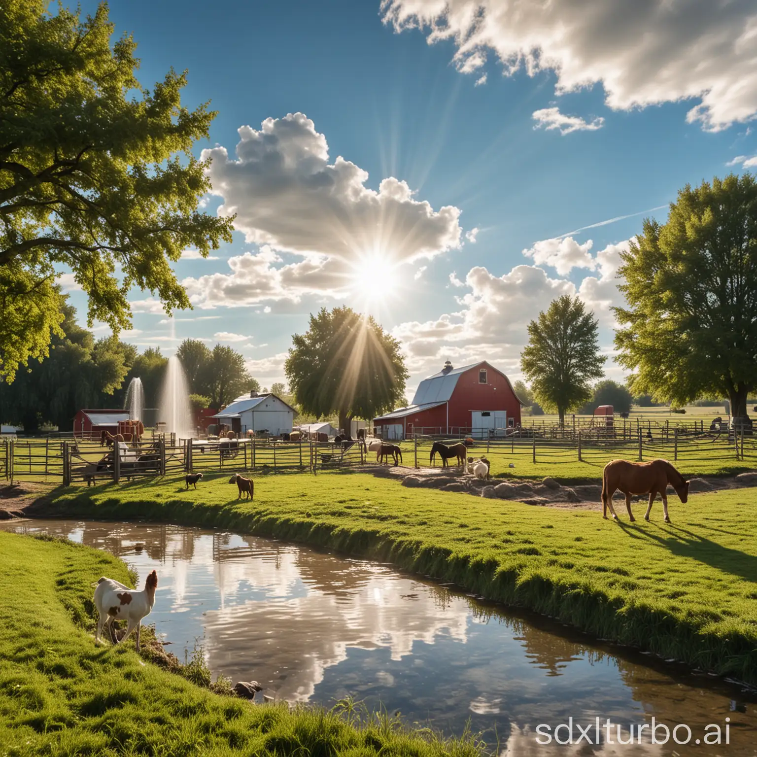 Rural-Farm-Scene-with-Horses-Cows-and-Chickens-Grazing-Under-Blue-Sky