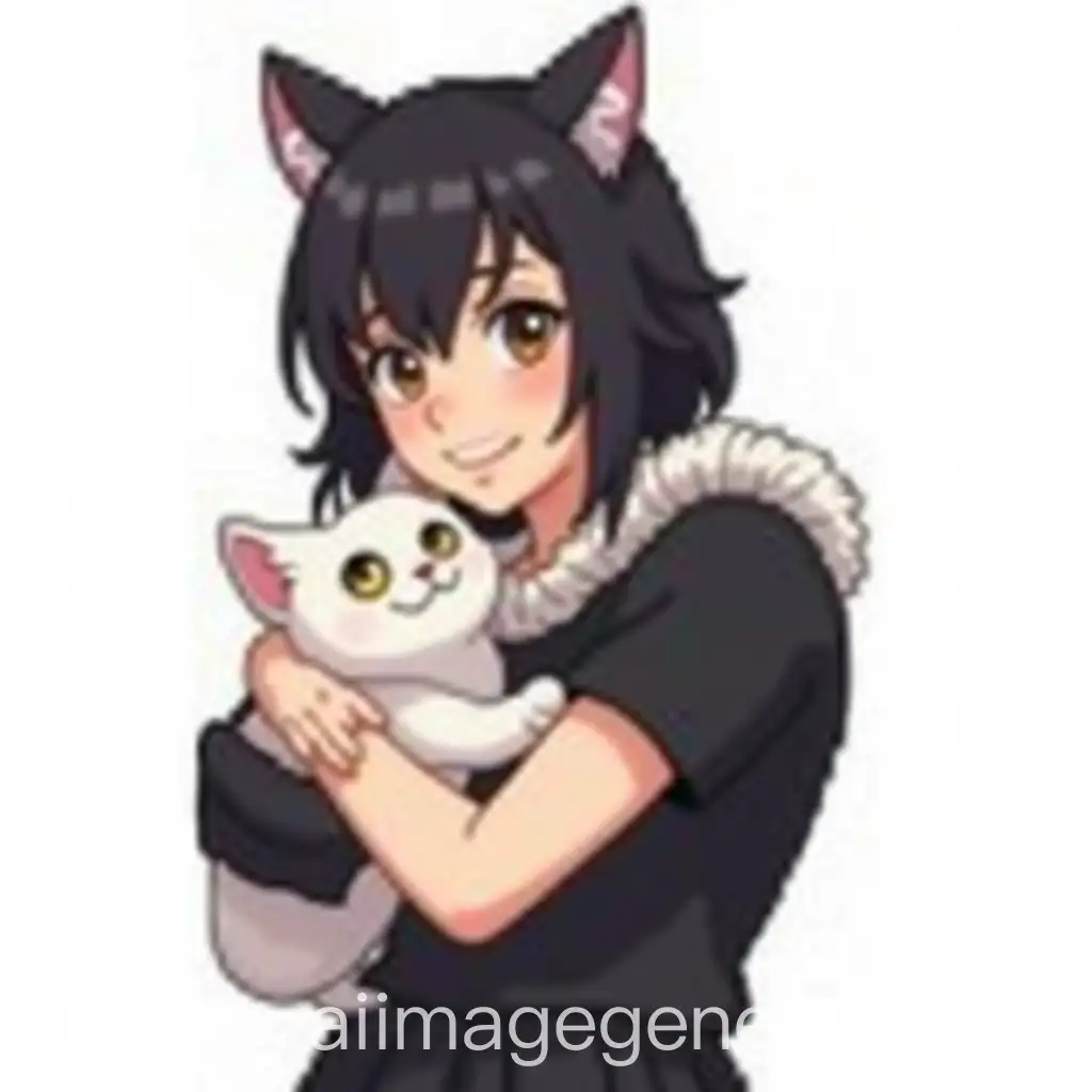 It's a sprite for a video game. I only need the girl. Create a girl in pixel art: she has mid-length black hair, brown eyes, and light skin. She is holding a cat in her arms, hugging it. Moreover the cat should be white. She is dressed in all black. The style should resemble Stardew Valley art. The background should be white. THE GIRL IS SMILING