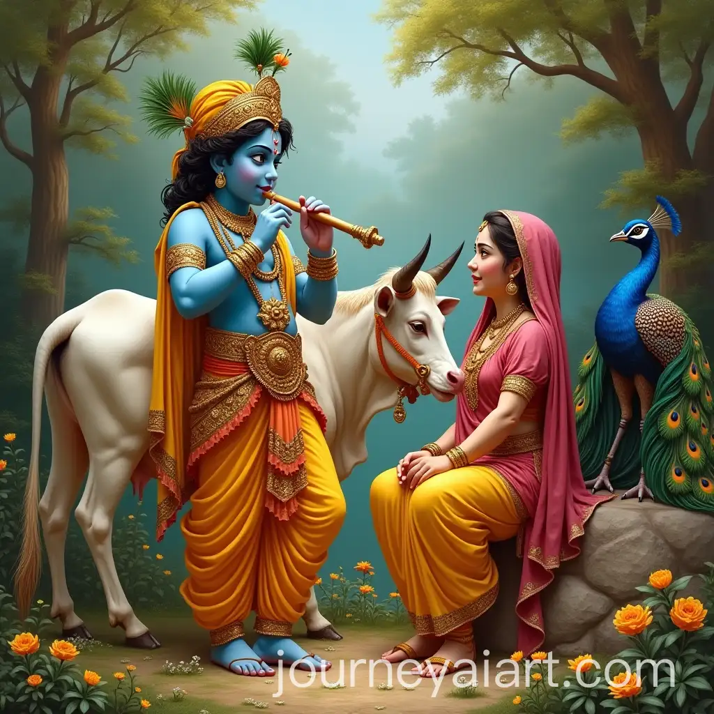Radha-and-Krishna-in-Garden-with-Cow-and-Peacock-Krishna-Playing-Flute