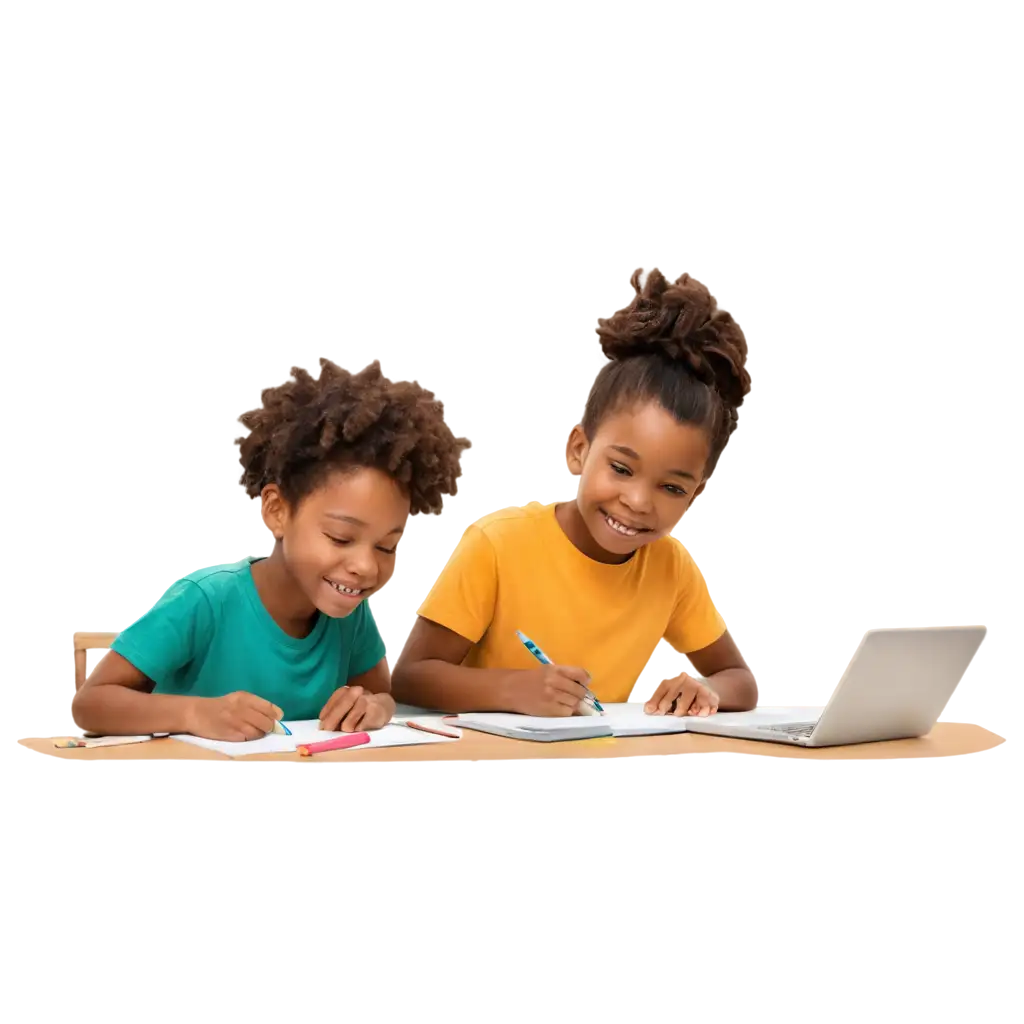 cartoon image of  of  An African American child with another child.  They are sitting together at a desk, working on a shared project with colorful pencils and paper, smiling as they collaborate.