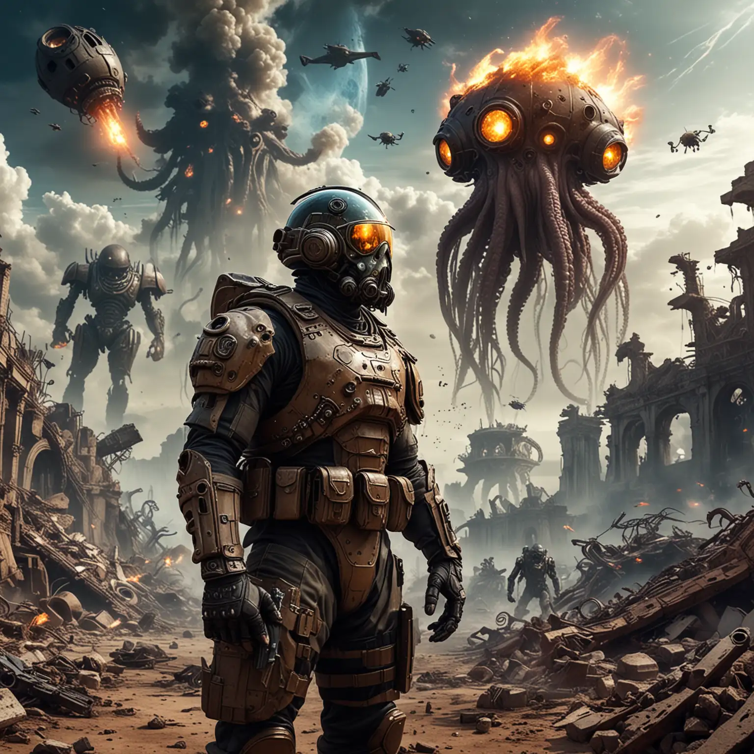 A soldier on the battlefield with a helmet with a glass visor, there is an alien in the form of an octopus on his helmet, who tries to climb into his head and enslave his mind, around many ruins and fire, various planets and aircraft are visible in the sky, war is going on with cyberdroids