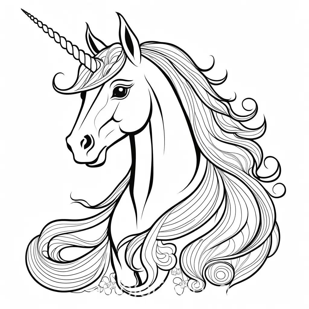 unicorn, Coloring Page, black and white, line art, white background, Simplicity, Ample White Space. The background of the coloring page is plain white to make it easy for young children to color within the lines. The outlines of all the subjects are easy to distinguish, making it simple for kids to color without too much difficulty