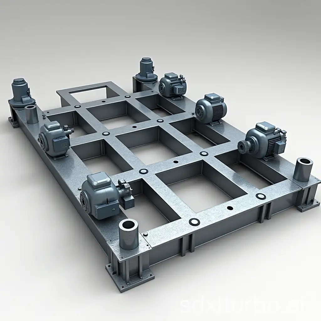 A rectangular skid or chassis for the seat of the pump and electric motor, which is made with UNP 140 studs, the two sides of the rectangle are 2,500 mm long and the width of the rectangle is 1,500 mm.  In the middle of the frame, there are 4 parallel profiles of UNP 140 with a size of 1500 mm, two of which are for the pump seat and the other 2 profiles are for the electric motor seat.  All profile connections are welded.  The size and type of each profile should be noted next to it. The photo should not include the image of the pump and electric motor.