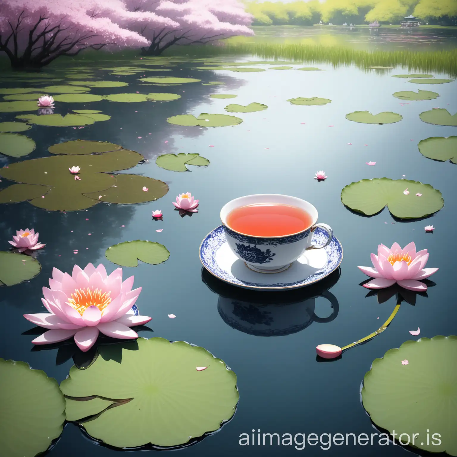 A-Cup-of-Tea-on-a-Water-Lily-in-a-Blooming-Pond-with-Cherry-Blossoms