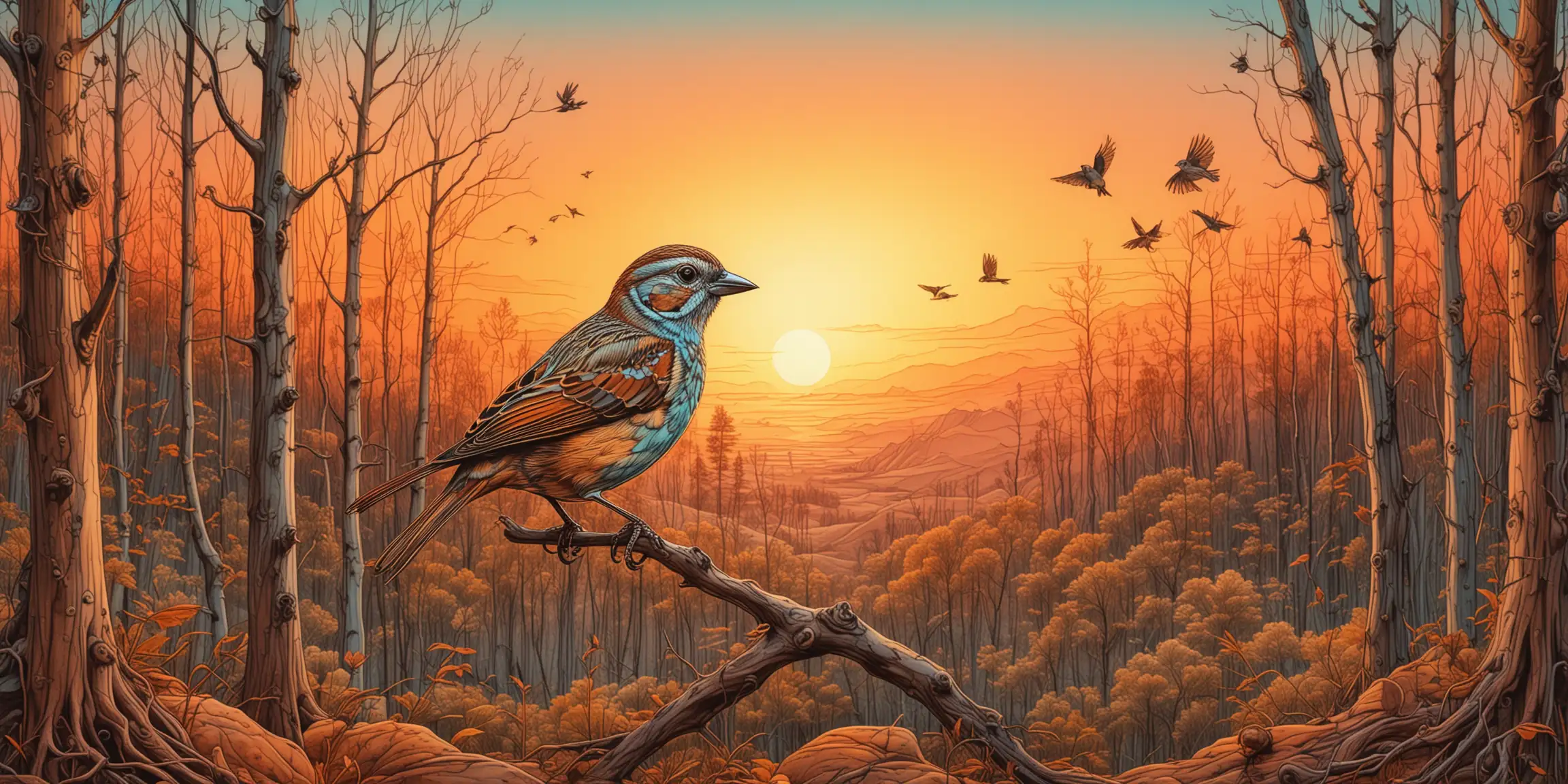 Surreal Sparrow in a Vibrant Sunset Forest