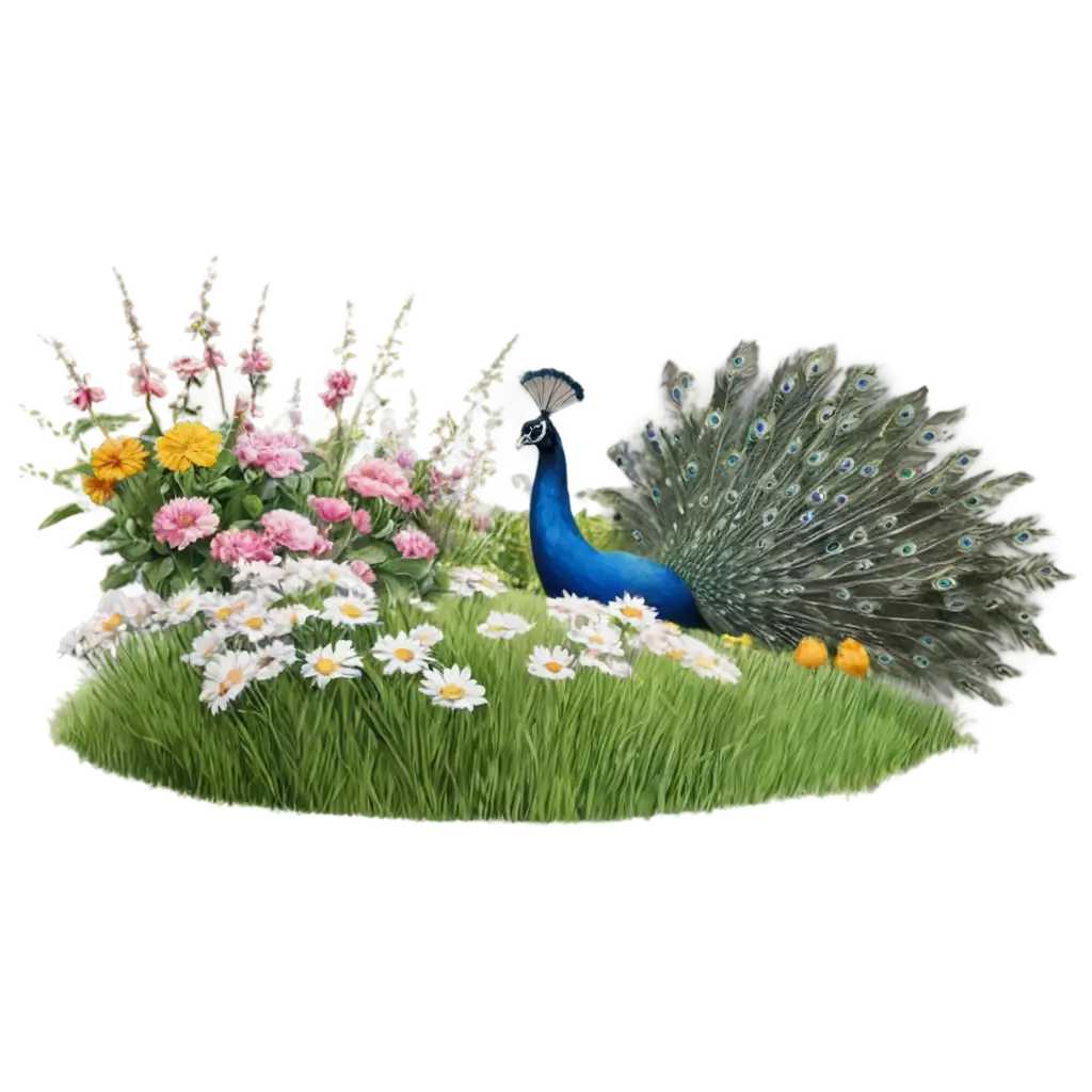 HighQuality-PNG-Image-of-a-Cow-Eating-Grass-in-a-Vibrant-Garden-with-Flowers-and-Peacock