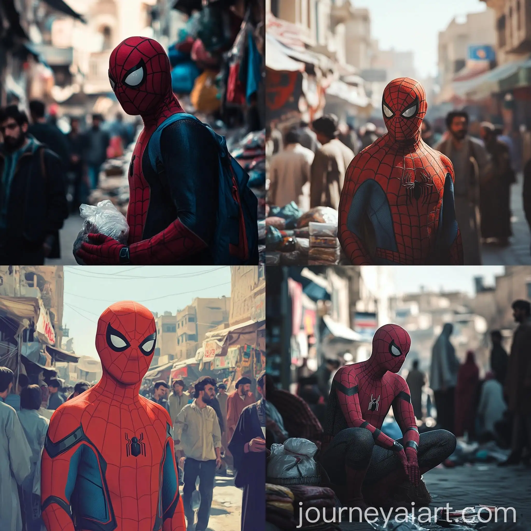 SpiderMan-in-Afghanistan-Street-Market-Listening-to-Music