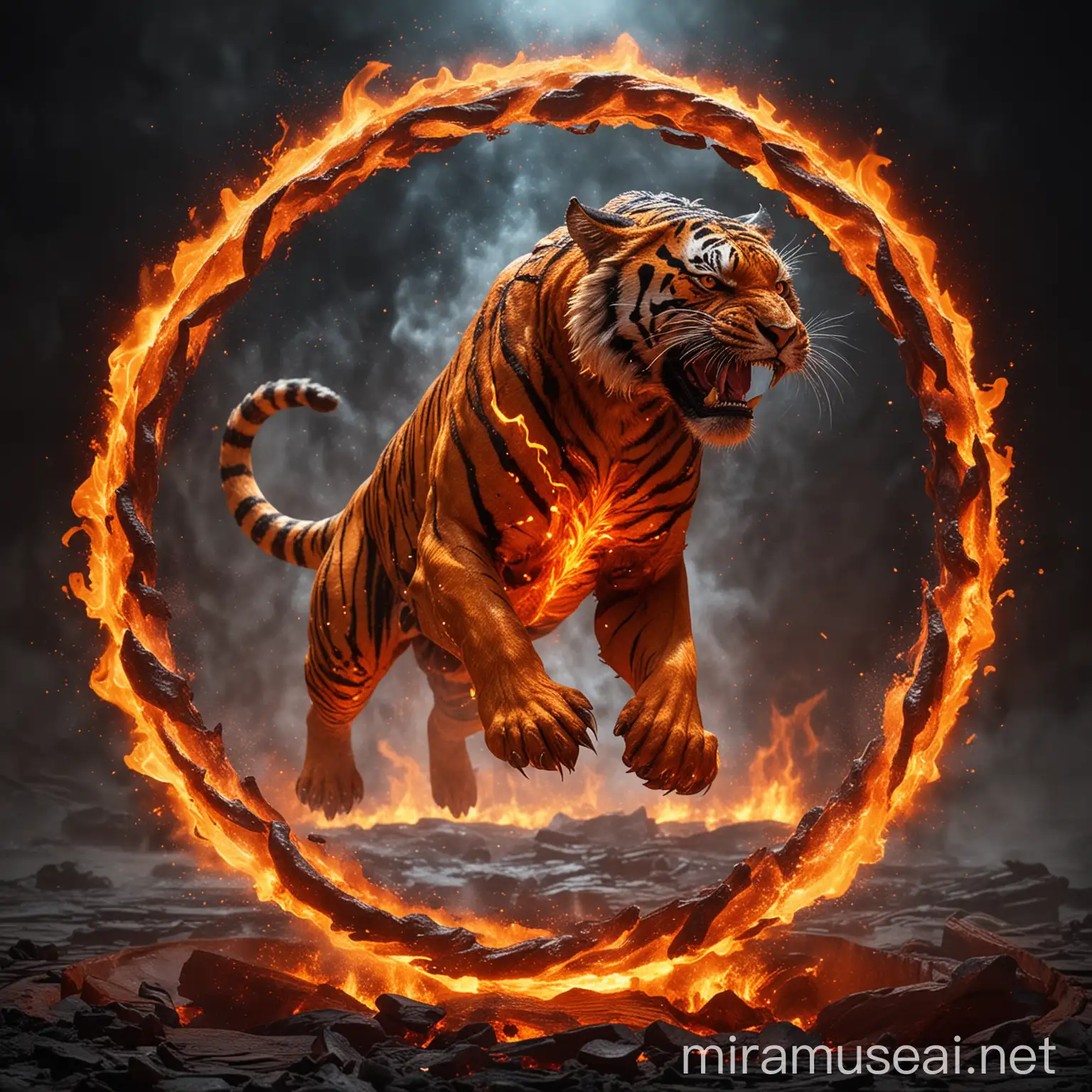 Glowing Molten Tiger Jumping Through Ring of Fire