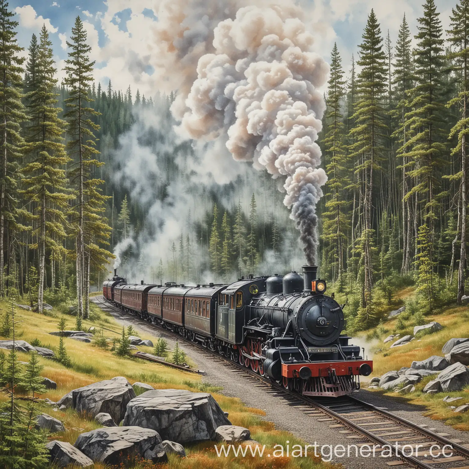 Ruskeala-Mountain-Park-with-Steam-Locomotive-in-Pastels