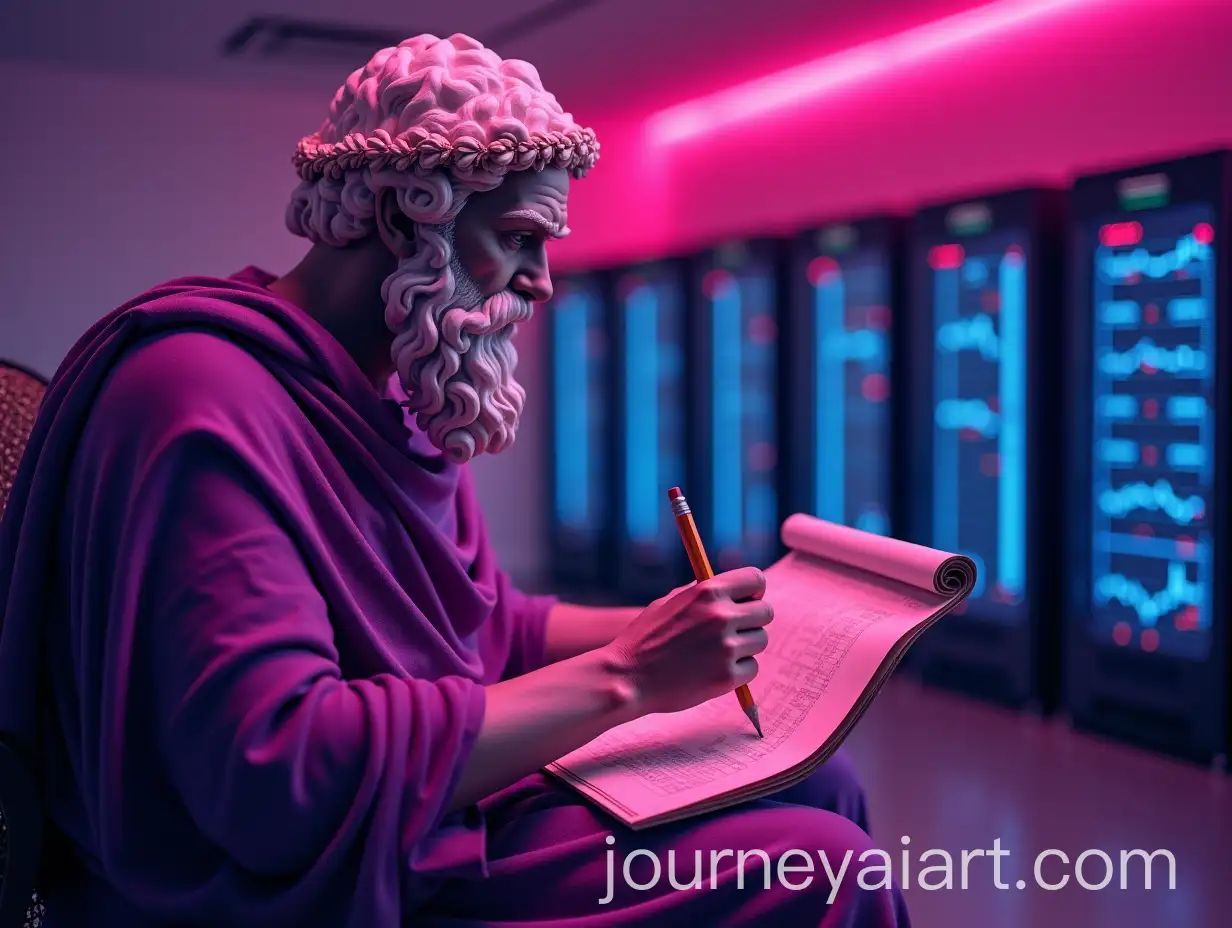 Greek-Philosopher-Socrates-Analyzing-Trading-Charts-in-a-Data-Center