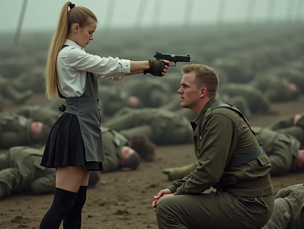 Blonde-Girl-in-Black-Outfit-Aiming-Pistol-at-Kneeling-Soldier-Among-Wounded-Bodies