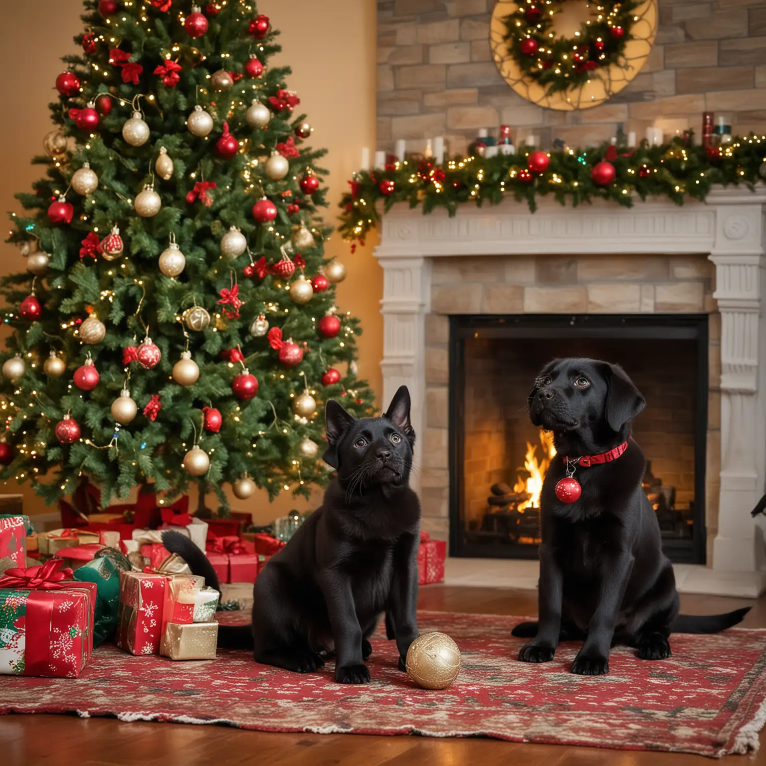 a round image of a beautiful black kitten and a black lab puppy playing with a christmas tree bulb in front of a decorated christmas tree in a festively decorated room with a fireplace with stocking hanging on the fireplace