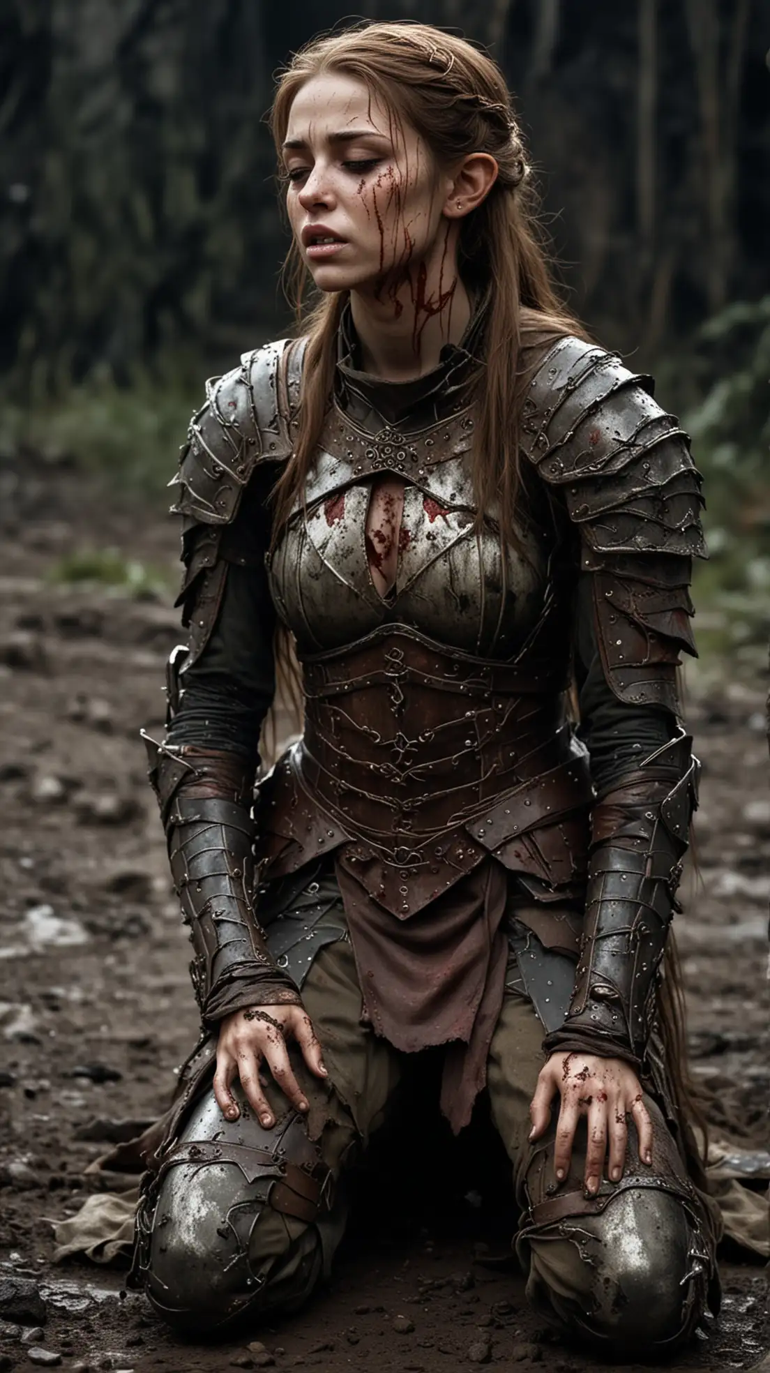 Broken Princess Elven with brown hair and light damaged armour wounded with a heavily bruised face, gruesome wounds, battle worn, blackened eyes, covered in blood and dirt, who is kneeling on a desolate battlefield at a dark night. She is suffering with closed eyes and tortured with agonizing pain.