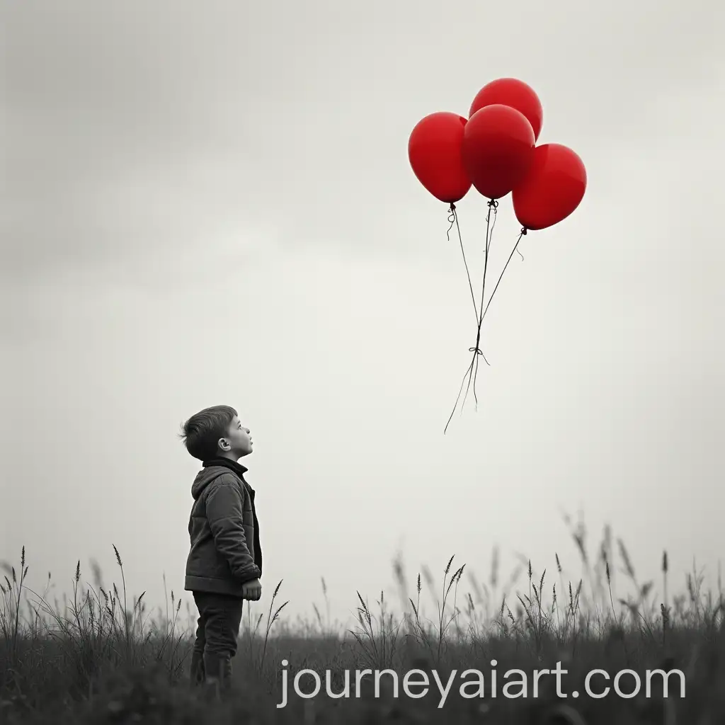 Black-and-White-Photography-of-Boy-Losing-Red-Balloons-Symbolizing-Nostalgia