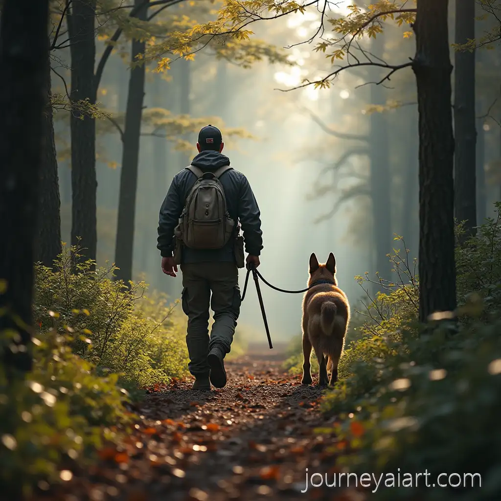 Hunter-and-Dog-Walking-Through-Dense-Forest-Landscape