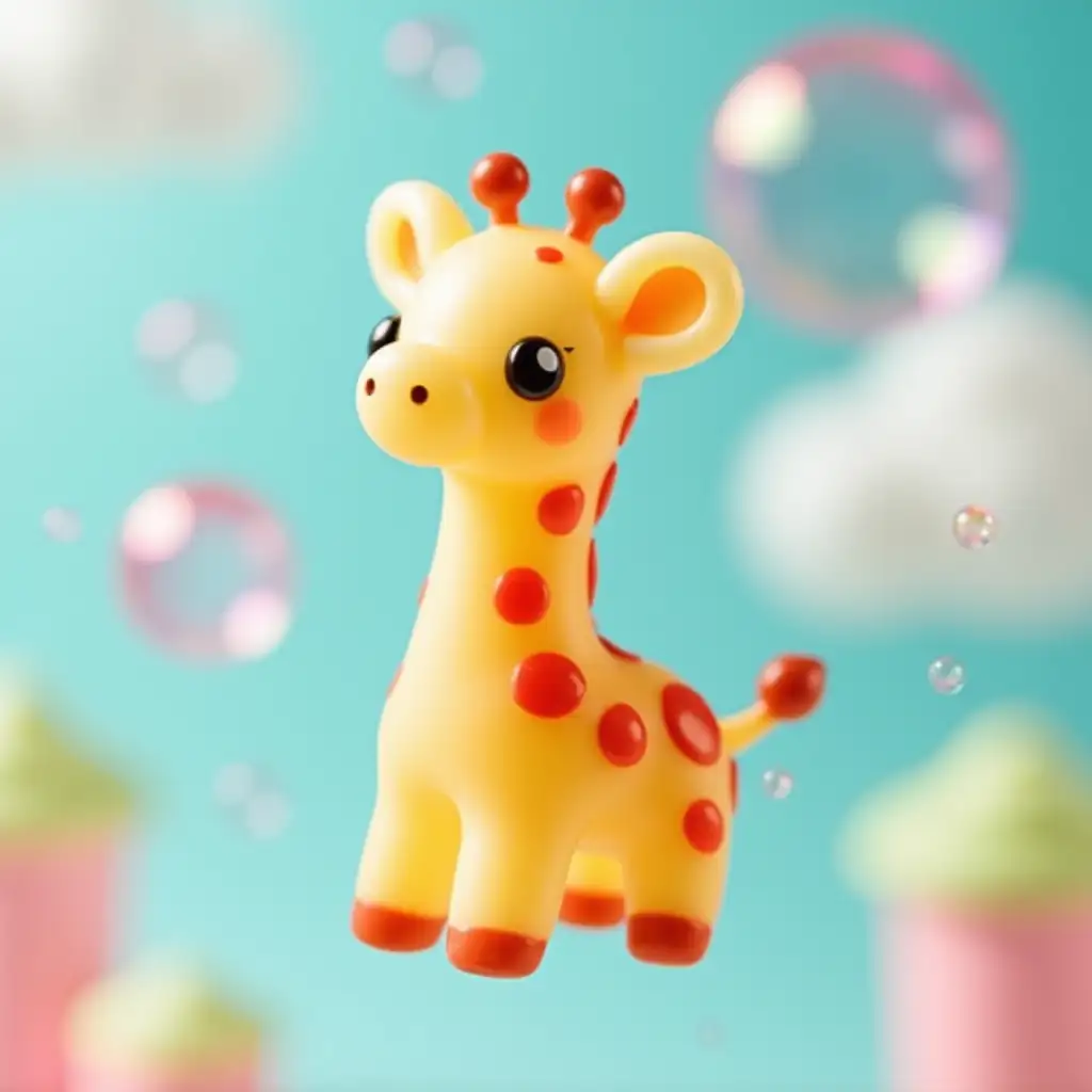 Cute-Baby-Giraffe-Made-of-Gummy-Candy-Floating-in-the-Sky-with-Colorful-Bubbles