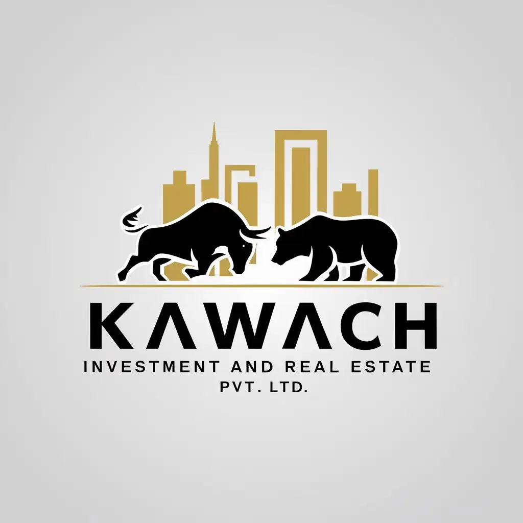 LOGO Design for KAWACH Investment and Real Estate Pvt Ltd Sharemarket Bull Bear with Real Estate Theme in Black Golden