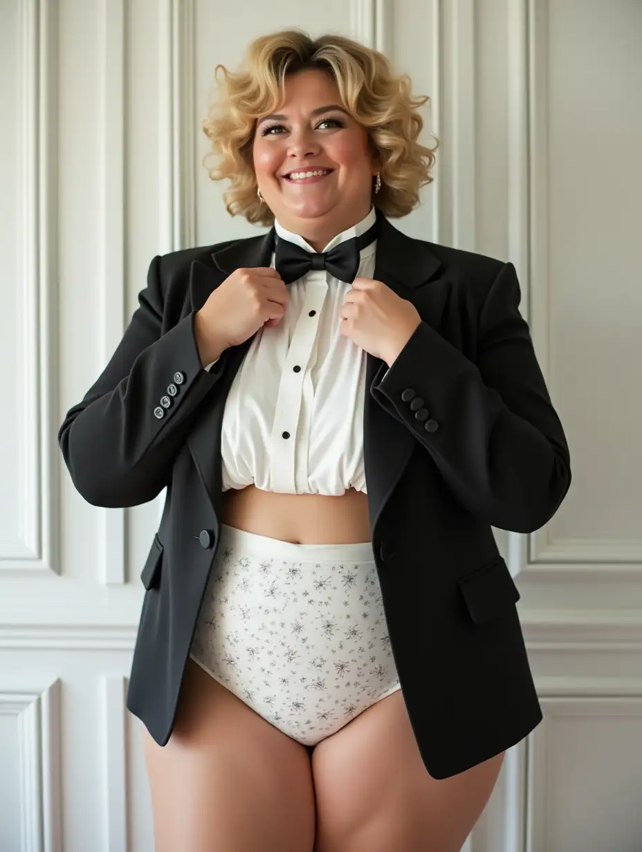 Caucasian-Woman-in-Formal-Orchestra-Tuxedo-with-Micro-Stars-in-a-White-Bedroom