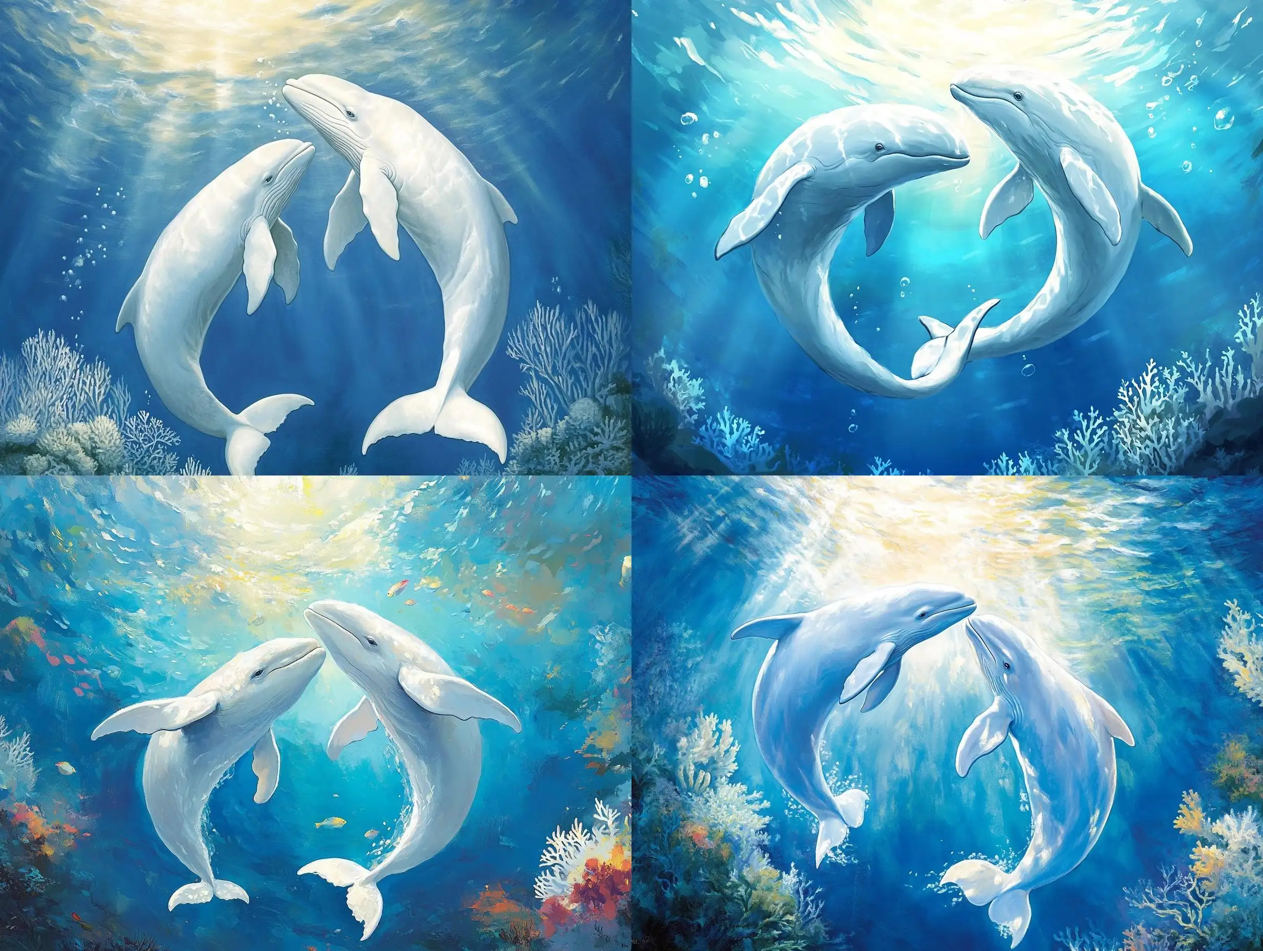 Beluga-Whales-Dancing-in-the-Sunlight-of-the-Blue-Ocean