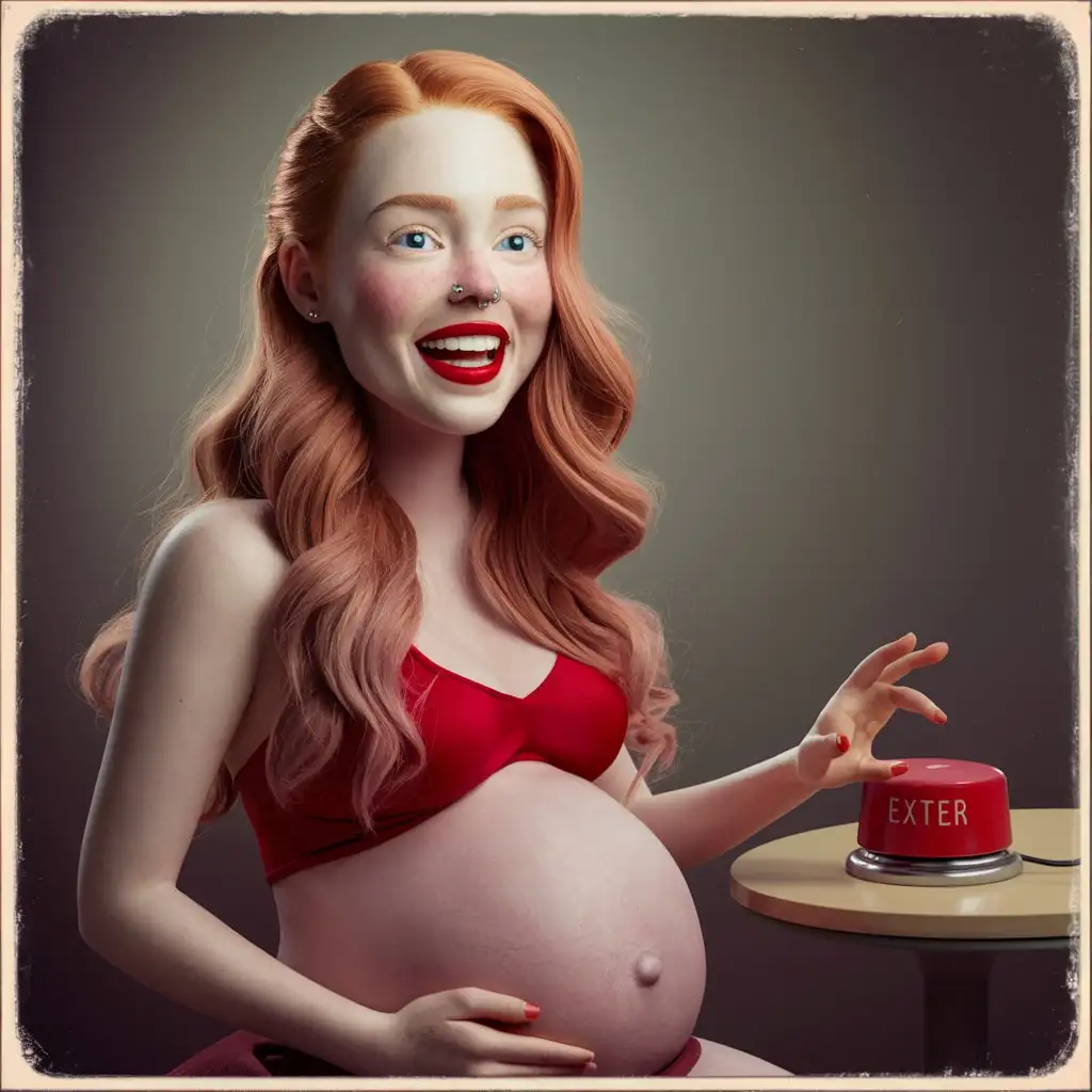 Innocent-Pregnant-Woman-with-Long-Red-Hair-Pushing-Red-Button