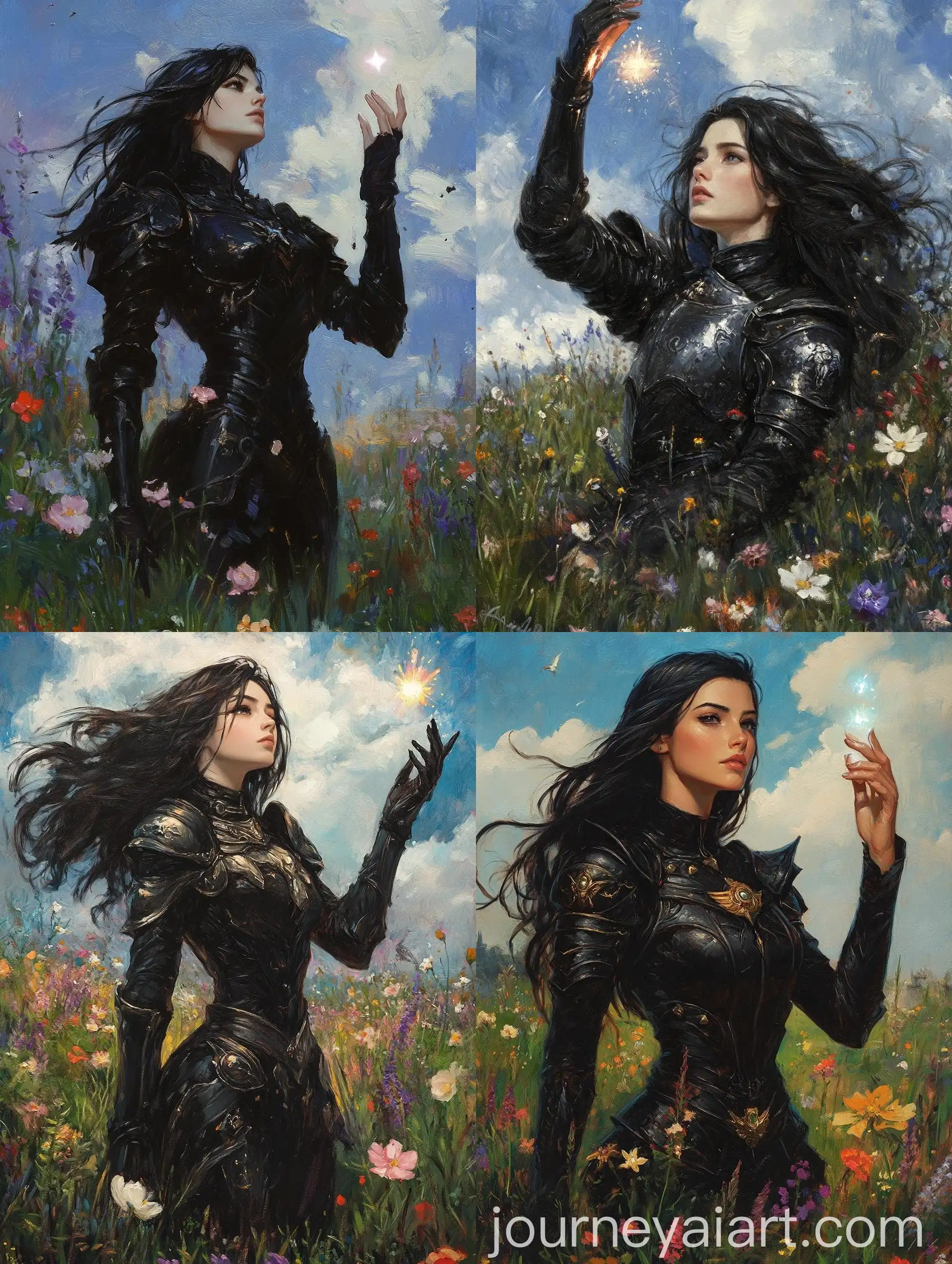 Serene-Female-Knight-in-Black-Armor-Reaching-for-Magical-Light-in-Lush-Field