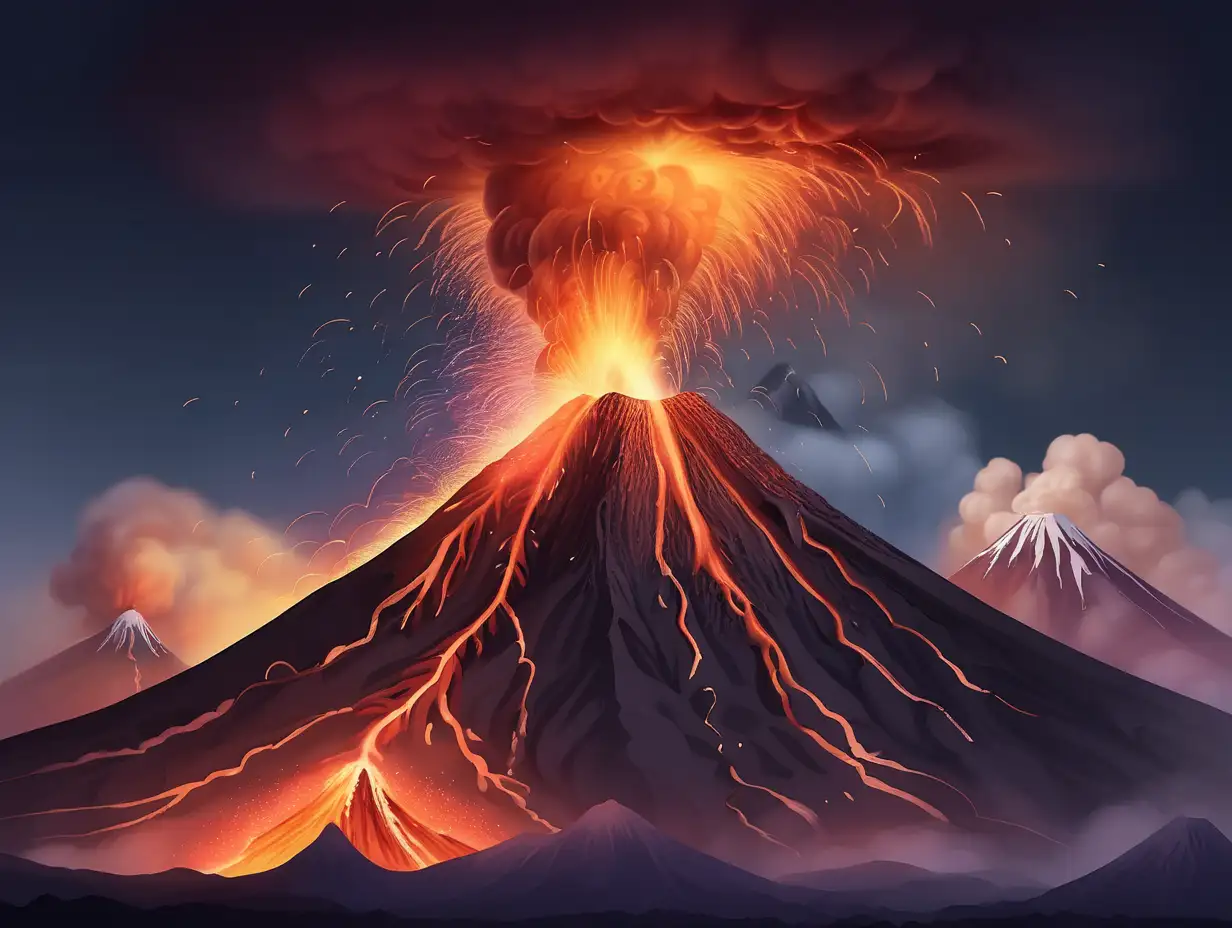 Erupting Volcano Illustration with Fiery Lava and Smoke