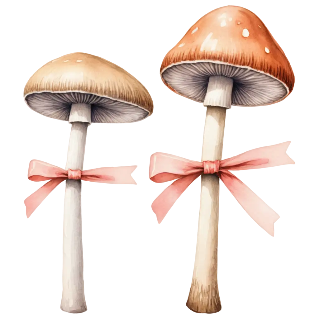 Aquarel-Mushroom-PNG-with-Bow-in-Tender-Colors-Perfect-for-Digital-Art-and-Design