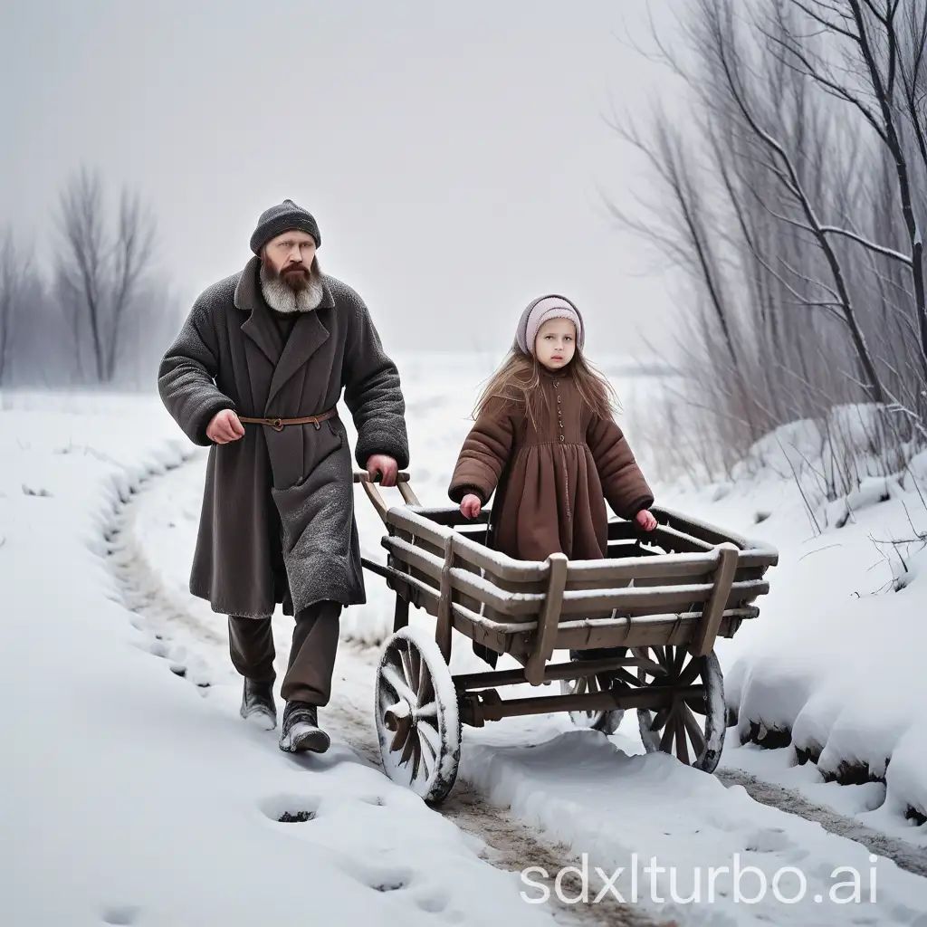 Bearded-Slavic-Man-and-Niece-in-Snowy-Terrain-with-Handcart