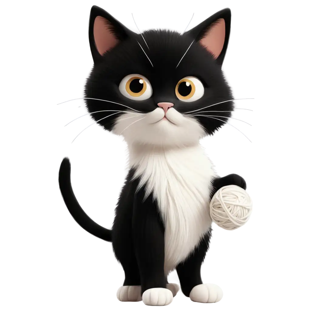 Cartoon-Black-and-White-Cat-Playing-with-Yarn-PNG-Image