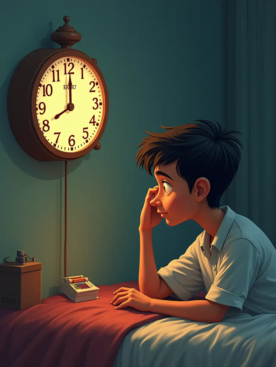 Arvind (the same 13 year old Boy) rubbing his eyes, looks at the clock which reads 9.40 am. Suddenly his mother's voice comes from downstairs.