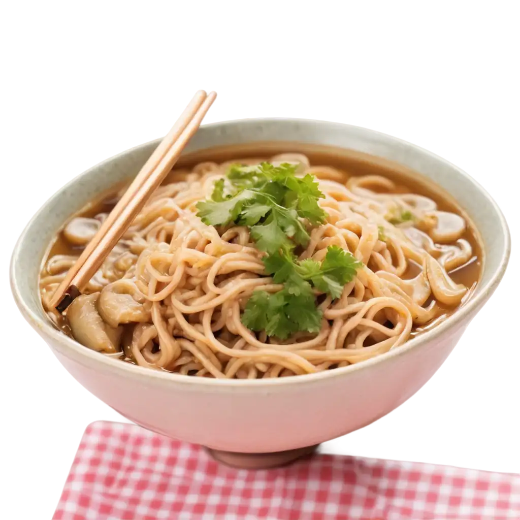 Top view asian ramen noodles with coriander in bowl on pink white checkered tablecloth