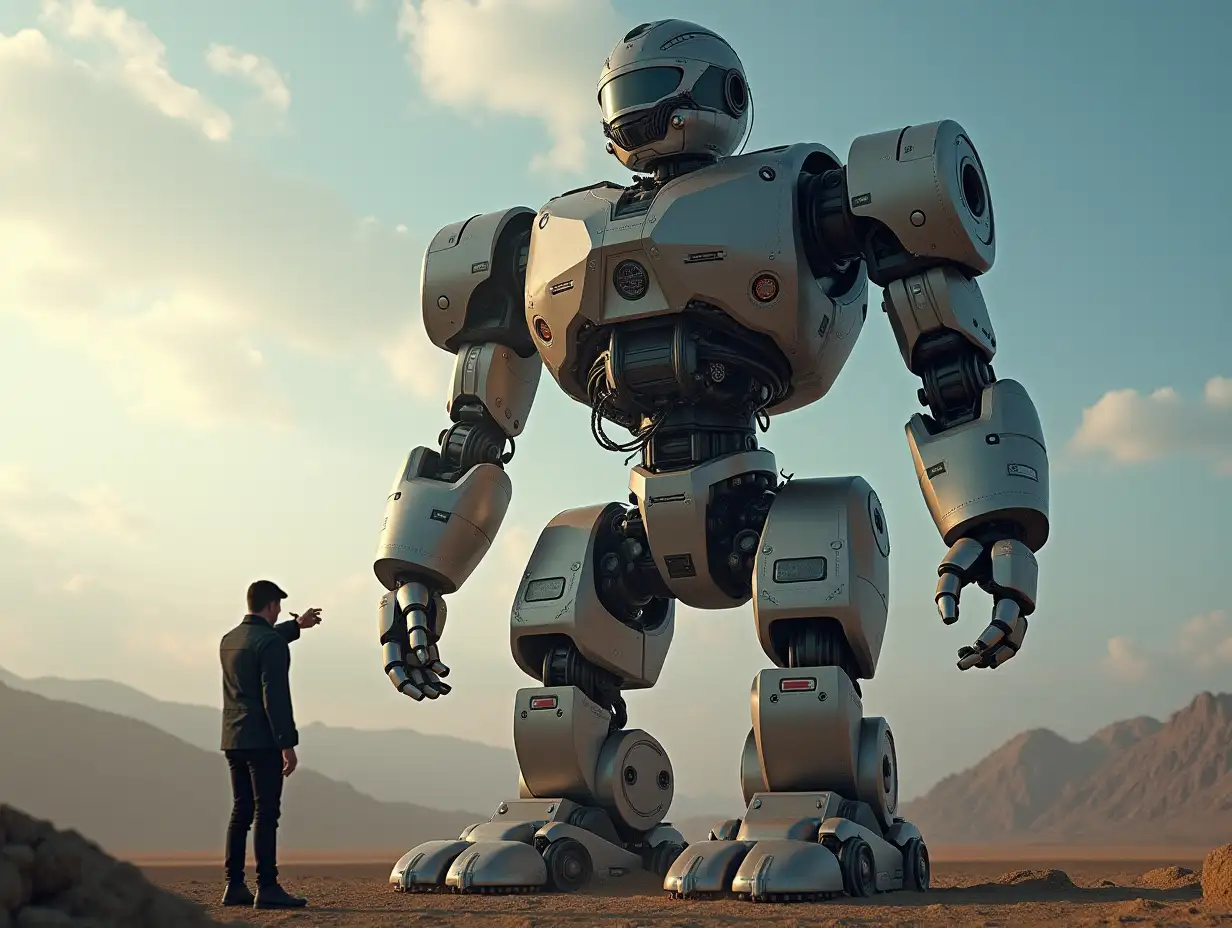 Create a high-resolution, realistic image of the artificial intelligence Robert, 40 meters tall, with a motor made of many parts, from Jupiter 4k resolution