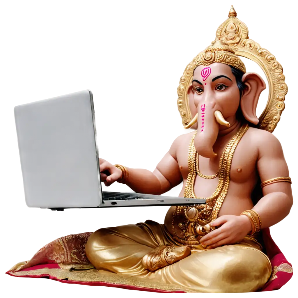 Ganpatti-Bappa-Using-Laptop-PNG-Image-Modern-Fusion-of-Tradition-and-Technology