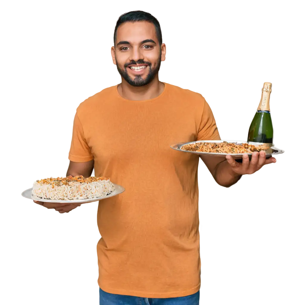 Celebrate-in-Style-PNG-Image-of-a-Man-Holding-Champagne-Eating-Biryani-and-Saying-Its-My-Birthday