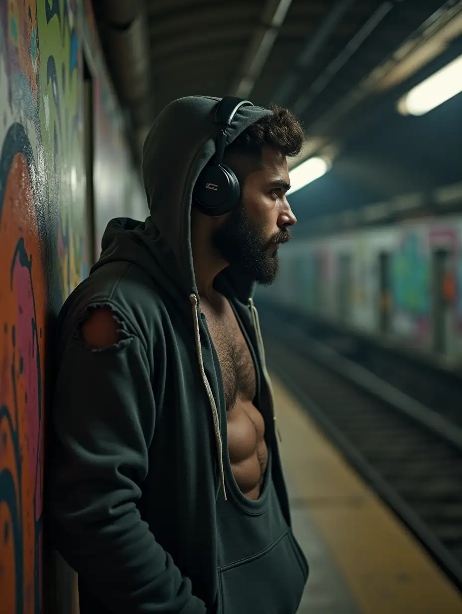 Underground getto, Abandoned metro branch, graffiti, rats, bearded man in ripped hoodie with headphones