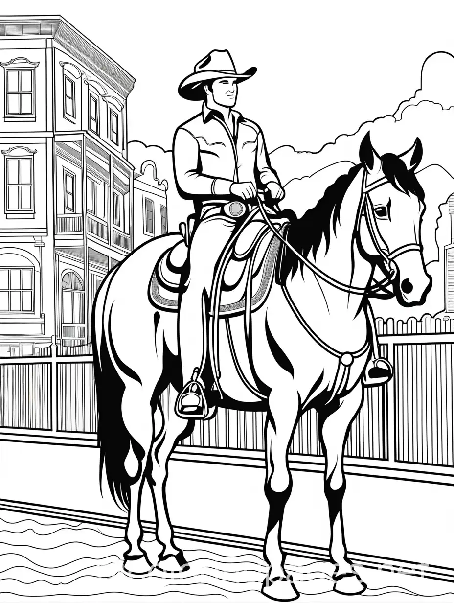 a cowboy in his horse in a western city, Coloring Page, black and white, line art, white background, Simplicity, Ample White Space. The background of the coloring page is plain white to make it easy for young children to color within the lines. The outlines of all the subjects are easy to distinguish, making it simple for kids to color without too much difficulty