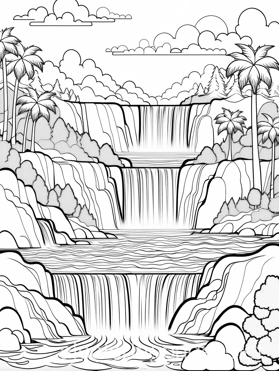 Island suspended in the sky with waterfalls cascading down into the clouds., Coloring Page, black and white, line art, white background, Simplicity, Ample White Space. The background of the coloring page is plain white to make it easy for young children to color within the lines. The outlines of all the subjects are easy to distinguish, making it simple for kids to color without too much difficulty