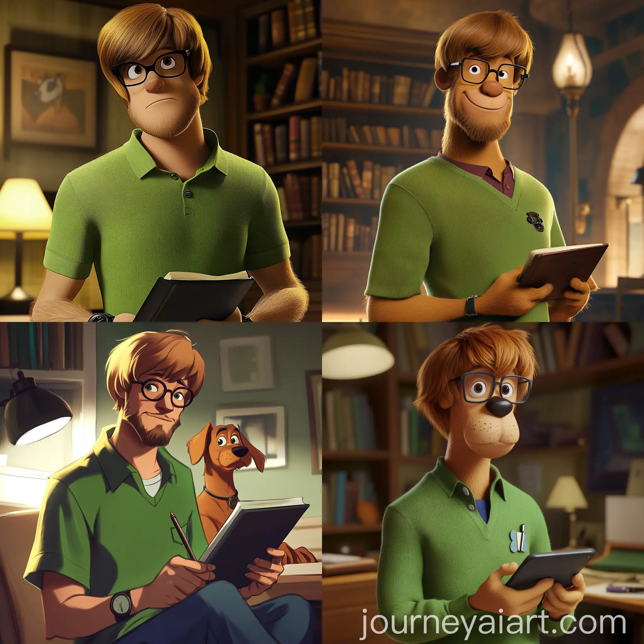 Sophisticated-Shaggy-in-Modern-Library-Studying-with-Tablet-and-Books