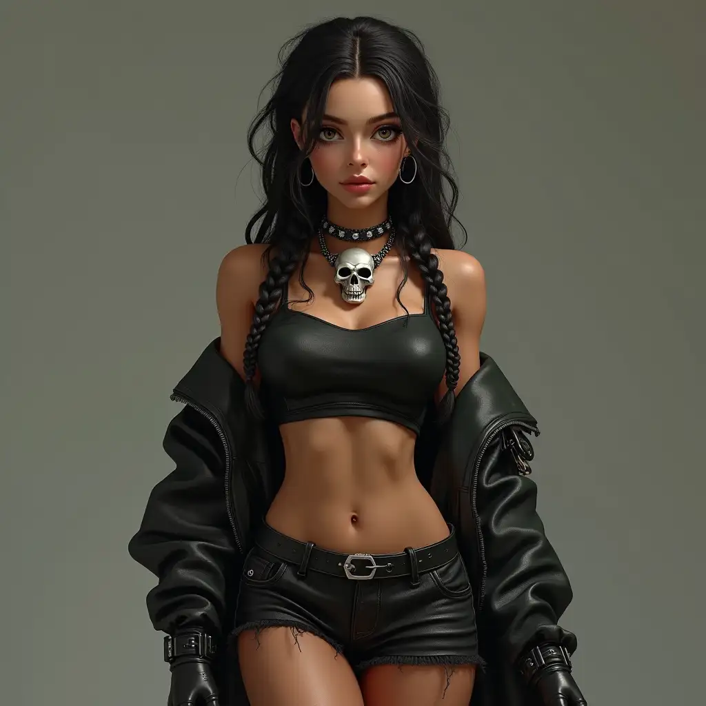 Ultra-detailed hyperrealistic digital photo of a woman with braids wearing boots, a miniskirt and a skull necklace, meticulous attention to texture, surfaces and lighting, to give depth, dimension and a photorealistic look.