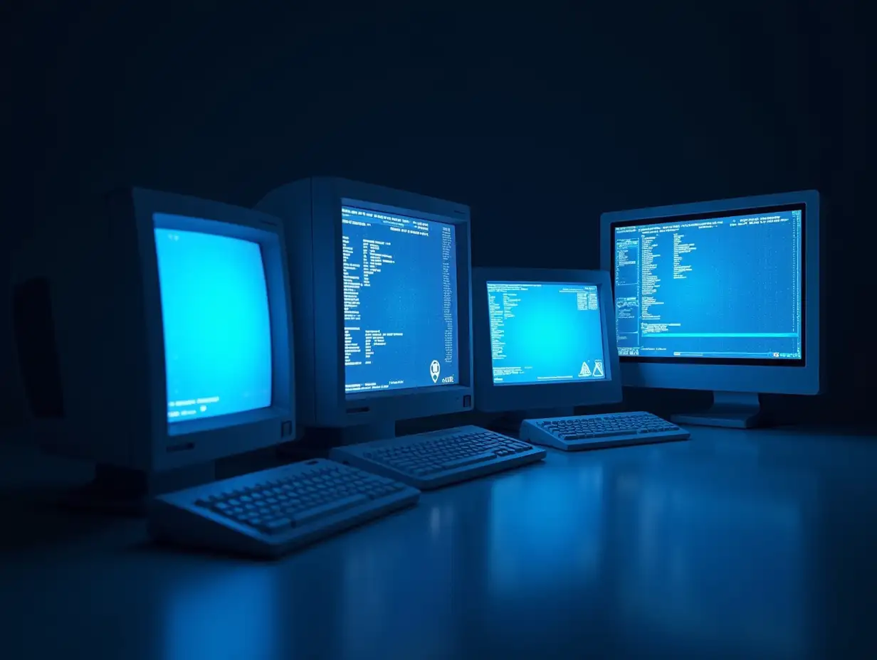 Professional visualization of classic computer systems seamlessly integrating with modern technology, showing vintage DOS screens and OS/2 interfaces evolving into contemporary displays, using deep blues and subtle glowing effects, corporate style, featuring subtle binary code patterns and security icons, featuring subtle code elements and system icons, emphasis on bridging old and new technology rather than replacement