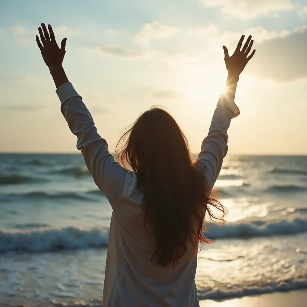 Woman-Worshipping-by-the-Ocean-with-Raised-Arms