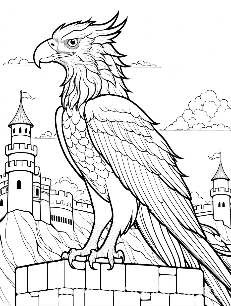 Griffin-Perched-on-a-Majestic-Fortress-Coloring-Page-for-Kids