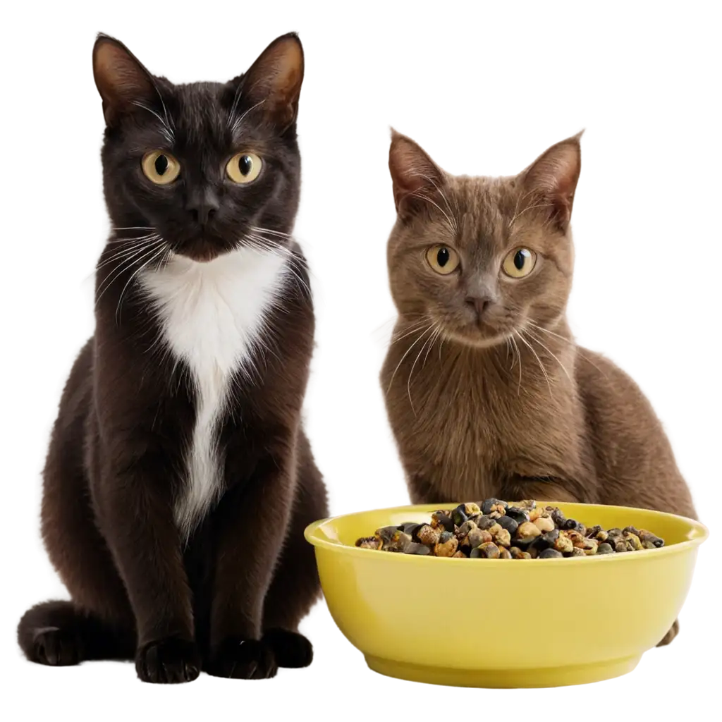 Vibrant-Two-Cats-of-Different-Colors-Together-with-a-Food-Bowl-PNG-Image