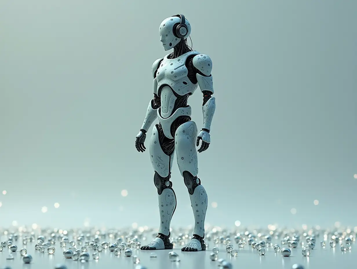 Create a high-resolution, realistic image of artificial intelligence (humanoid mixed Fractals patterns, two meters tall, with headphone arms and legs, with screws) and many small glass balls on the floor in a 4K resolution.