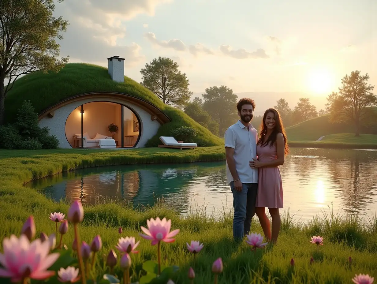 a cheerful man and a woman are standing on the grass near a low hill that looks like one hobbit house in which there is one large round open door and behind the door inside the house you can see the interior of the house which is completely white and unfurnished - that is, all the internal walls inside are white and the floor is also white and there are sun beds on the floor, and behind the house you can see a huge eco-pond with crystal clear water and a lot of pink lily pads and the pond has natural gentle grassy banks similar to wild ponds, on the other side there is only 1 small one-story house located away from the shores of the pond, this house has the appearance of a one-story chalet with a gable tiled roof, each slope of the roof is smooth without bending, this chalet is built from a system of wooden beams consisting only of vertical wooden beams, and only in the half-timbered style, and between the glass beams, the glass walls are panoramic windows in all walls from floor to roof, that is, each wall is a panoramic window, at sunset and in the reflections of sunset light, the foreground view is in focus, and the background is blurred, realistic