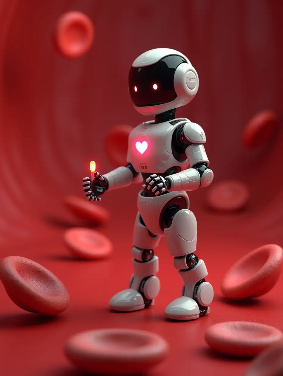 a hyper realistic image of a microscopic non humanoid robot holding a medication that is being delivered into the cell of the heart. put some hyper realistic images of red blood cells around to make it look like more microscopic